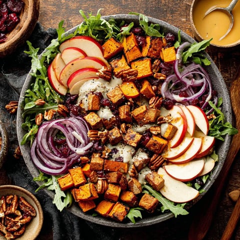A bowl of salad with roasted sweet potatoes.
