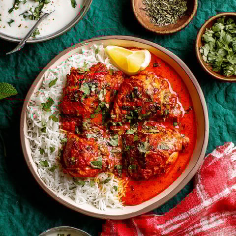 A plate of baked chicken with rice and lemon.