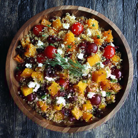 A bowl of food with butternut squash, tomatoes, and quinoa.