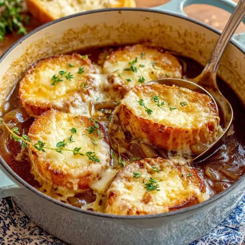 A bowl of French onion soup with a spoon in it.