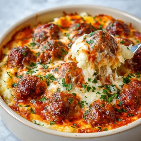 A close up of a meatball casserole.
