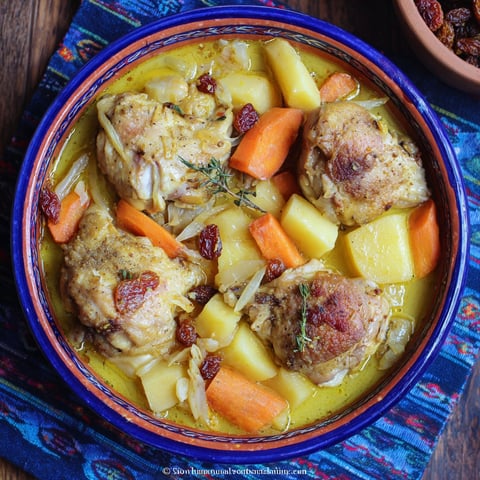 A bowl of chicken stew with carrots and parsnips.