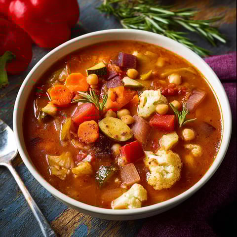 A bowl of soup with a variety of vegetables.