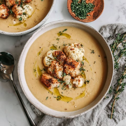 A bowl of soup with cauliflower in it.