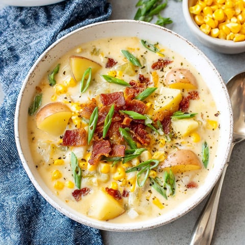 A bowl of potato corn chowder.