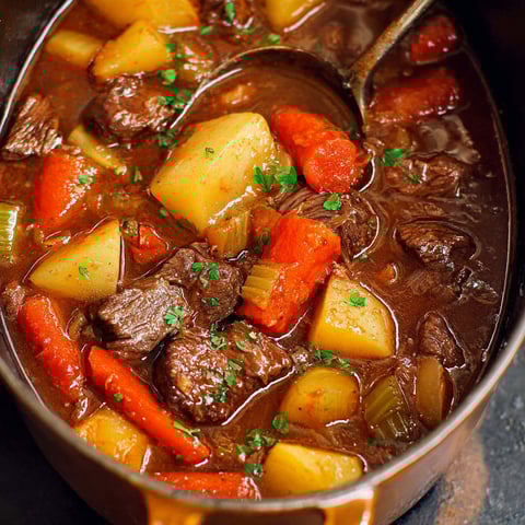 A pot of beef stew with carrots and potatoes.