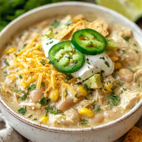 A bowl of creamy chicken chili with jalapenos on top.