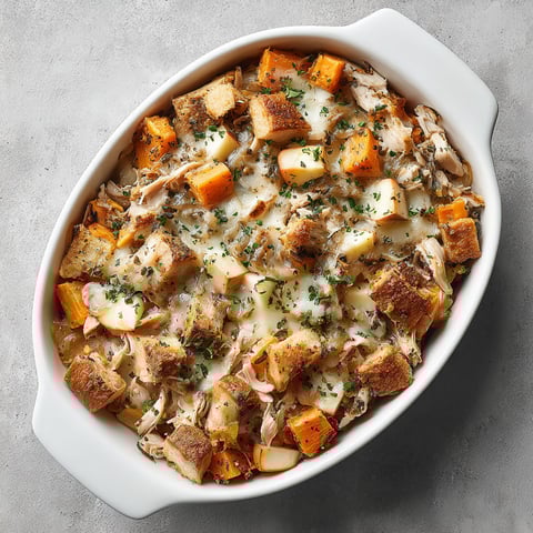 A white bowl filled with a sweet potato and apple casserole.