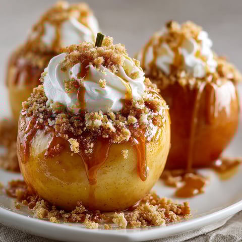 Three apples with whipped cream and caramel drizzle.