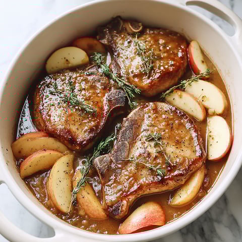 A bowl of pork chops with apples and herbs.