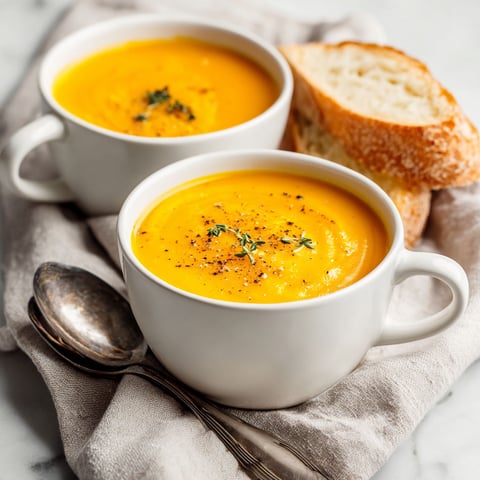 A bowl of butternut squash soup with a spoon in it.