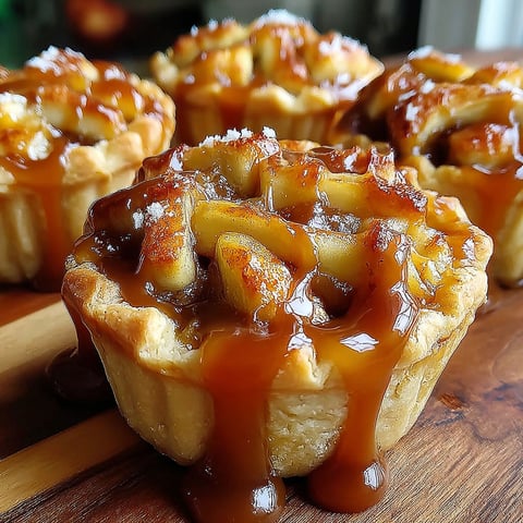 A close up of a salted caramel apple mini pie.