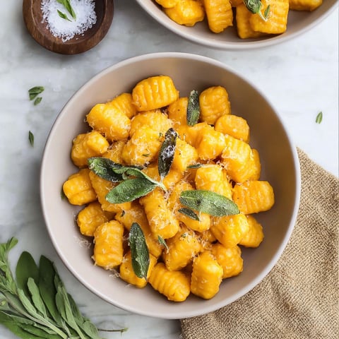 A bowl of pumpkin gnocchi with vegan sage butter.