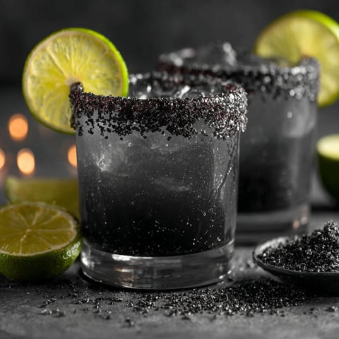 Two black margaritas with limes.