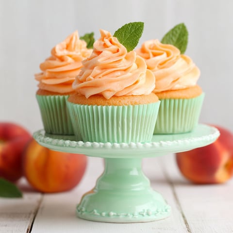 Two cupcakes with peach purée buttercream on a green plate.