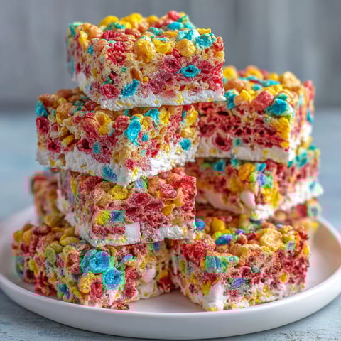 A stack of Fruity Pebbles Marshmallow Treats.