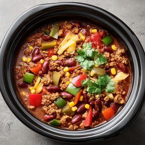 A bowl of chili with meat and vegetables.