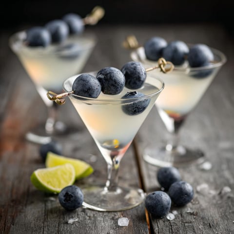 A glass of blueberries and a martini.