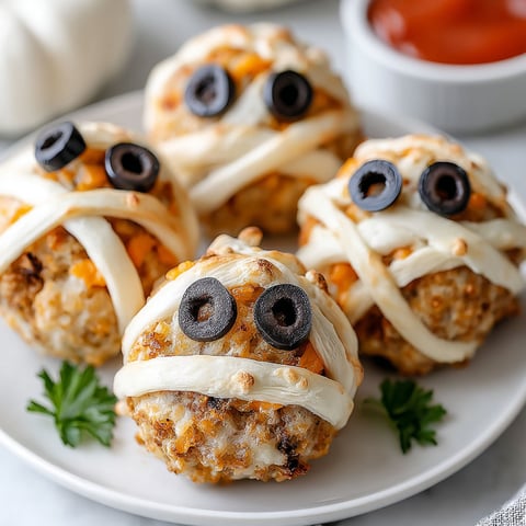 Three mummy meatballs with black olives on a white plate.