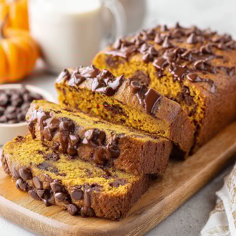 A slice of chocolate chip pumpkin bread with brown butter.