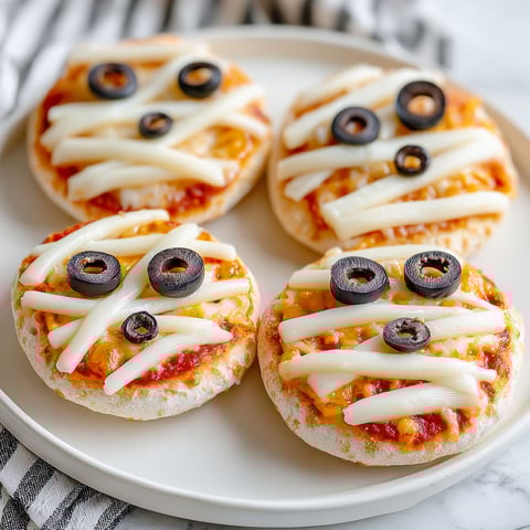 Mini mummy pizzas with olives and cheese.