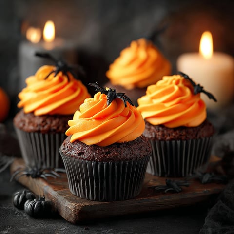 Halloween cupcakes with orange frosting and black decorations.