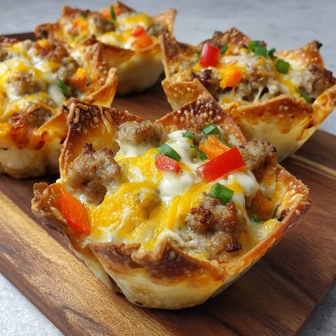 Cheesy sausage wonton cups on a wooden table.