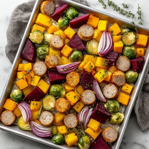 A pan of roasted vegetables and sausage.