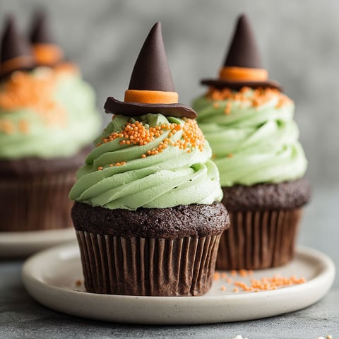 Three cupcakes with wicked witch hats on top.