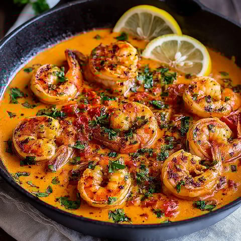 A dish of shrimp with a creamy garlic paprika sauce.