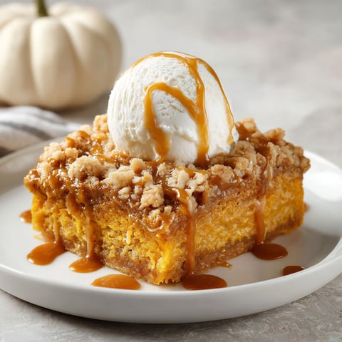 A slice of pumpkin dump cake with caramel sauce drizzled on top.