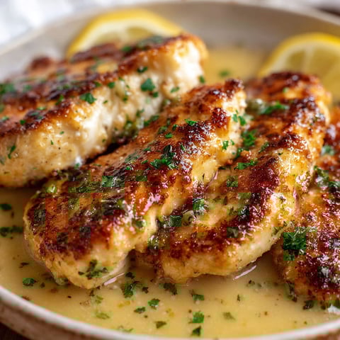 A plate of chicken scallopini with lemon wedges on top.