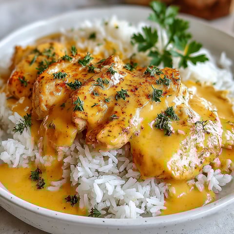 A plate of rice with chicken and sauce.