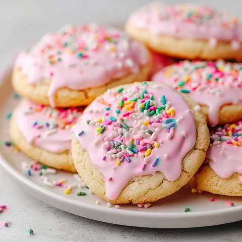A plate of frosted sugar cake cookies.