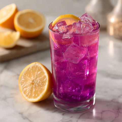 A glass of Witch's Sparkle Lemonade with a lemon wedge.