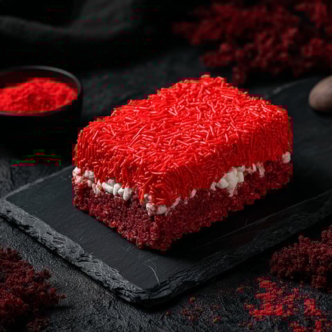 A slice of red and white no-bake meat-look rice krispie bars.
