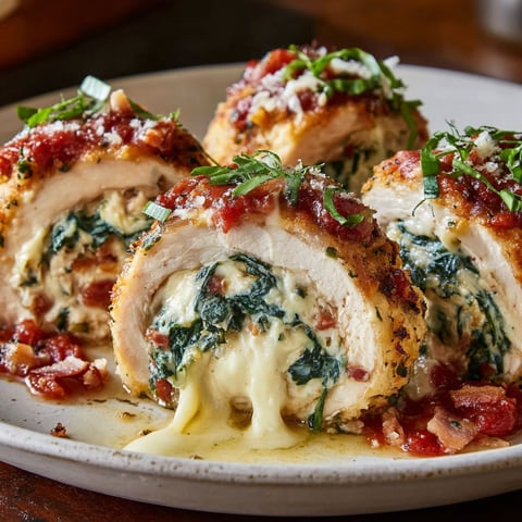 A plate of chicken spinach cheese rollatini.