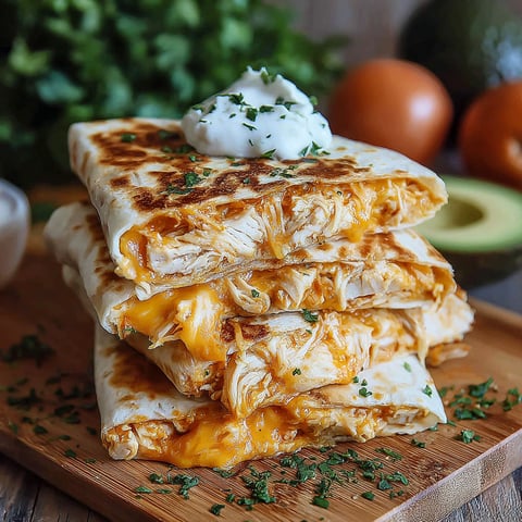 A stack of quesadillas with guacamole and sour cream on top.