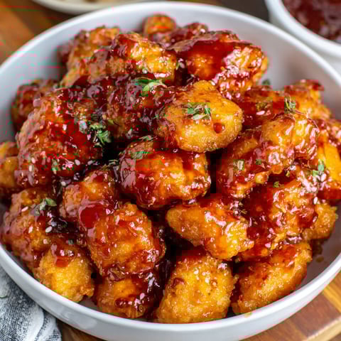 A bowl of orange chicken with sauce.