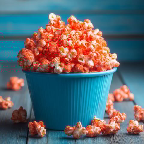 A blue bowl filled with red candy-coated popcorn.
