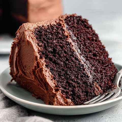 A slice of moist rich chocolate cake on a plate.