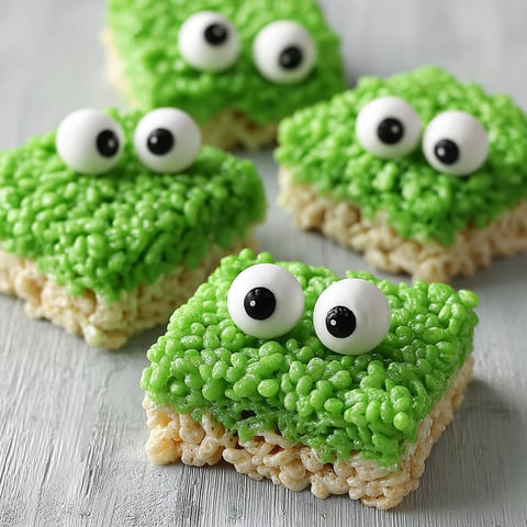A close up of a green rice krispie treat with a monster eye.