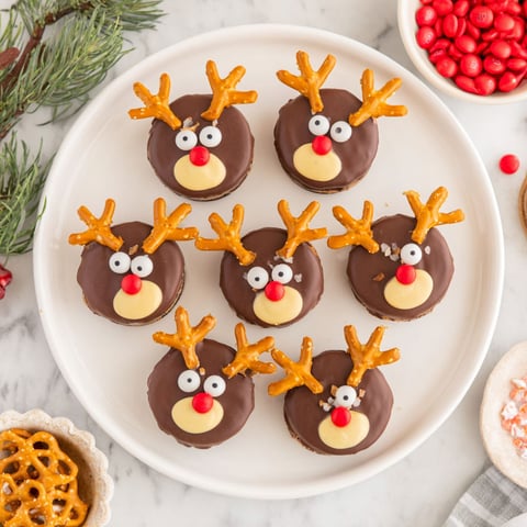 A plate of chocolate covered Oreo cookies decorated to look like reindeer.
