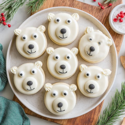A plate of cookies with polar bear faces on them.