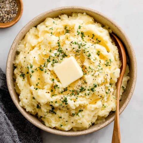 A bowl of mashed potatoes with butter on top.