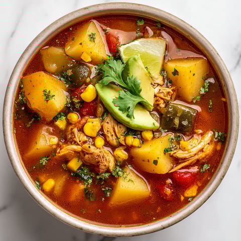 A bowl of soup with chicken, potatoes, and avocado.