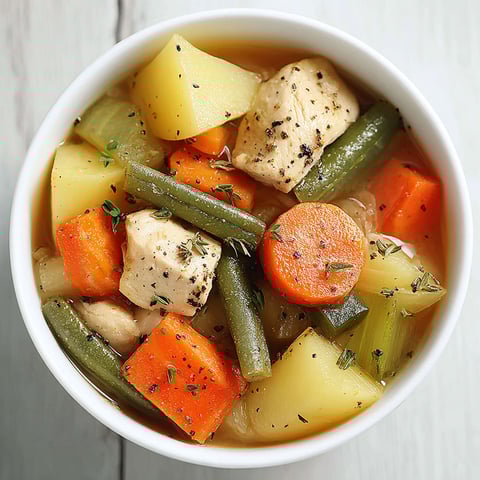 A bowl of chicken and vegetable stew.
