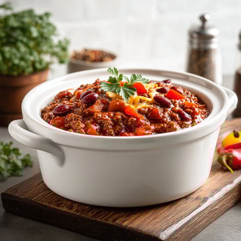 A white slow cooker filled with chili.