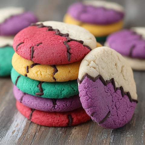 Stack of colorful stitched sugar cookies.