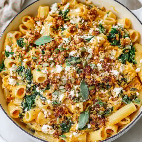 A bowl of pasta with pumpkin seeds and feta cheese.